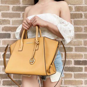 Michael Kors Avril Large Top Zip Satchel Crossbody Leather Marigold Yellow